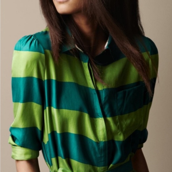 Burberry Women’s Silk Shirt Dress Size 4 Green Striped with Pockets No Belt - Picture 2 of 7
